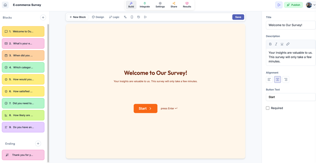 Rowform form builder interface showing an e-commerce survey with drag-and-drop question blocks